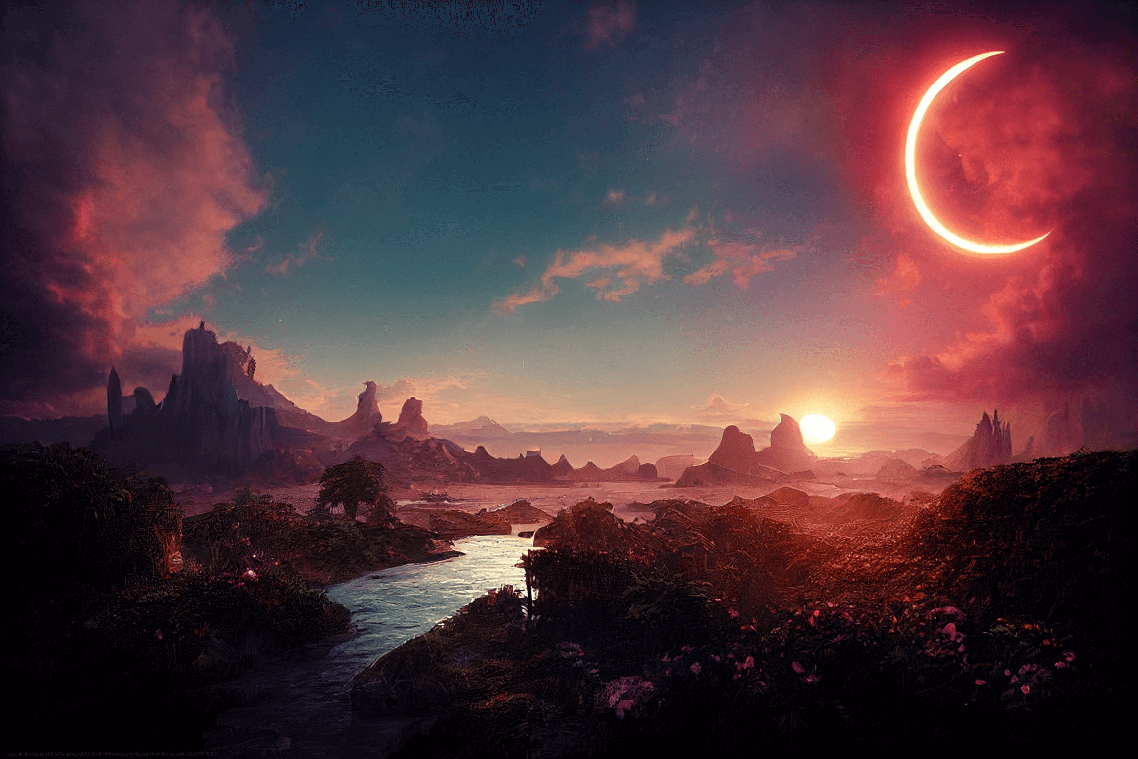 A moon and sun over a landscape on an alien planet, generated by Midjourney