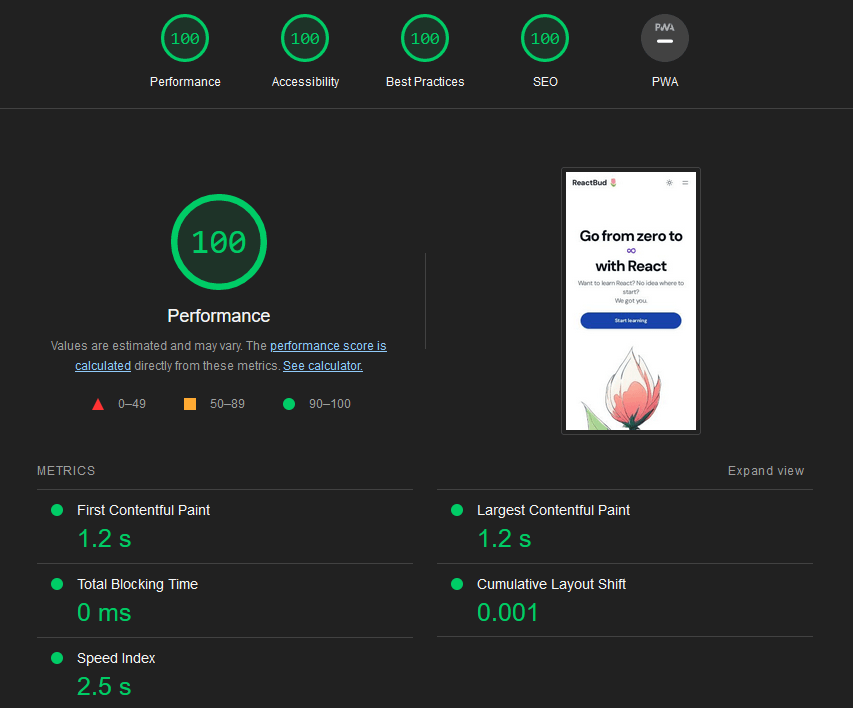 My WIP project&rsquo;s homepage and its perfect Lighthouse performance score.
